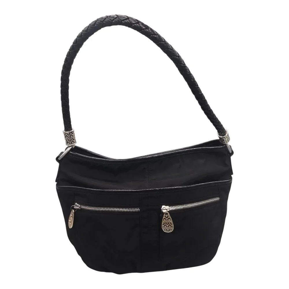 Brighton Purse Black Nylon Patent‎ Leather Trim Hobo Shoulder Bag Braided Strap